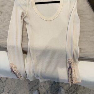 Free People Cream Ribbed Long Sleeve Blouse